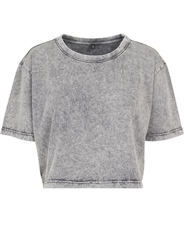 Build Your Brand - Acid Washed Extended Shoulder Dames Cropped T-shirt - Grey Black