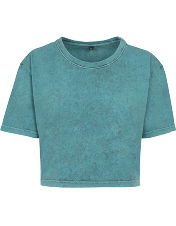 Build Your Brand - Acid Washed Extended Shoulder Dames Cropped T-shirt - Teal Black
