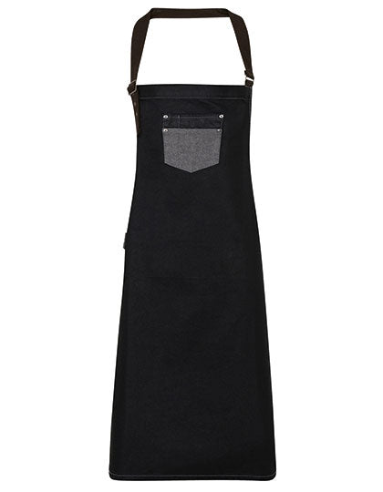 Premier Workwear - Division Waxed Look Denim Bib Apron With Faux Leather - Black Denim (ca. Pantone 433C)