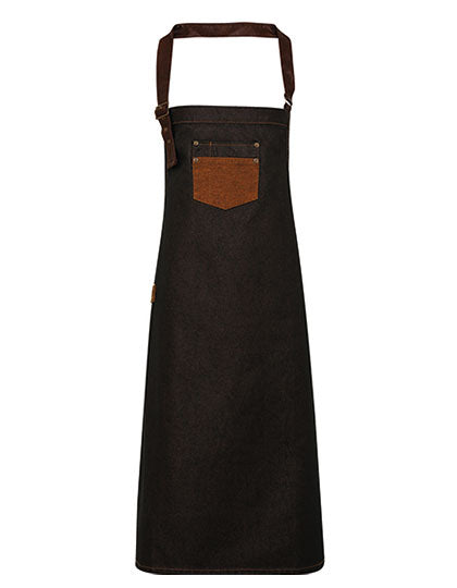Premier Workwear - Division Waxed Look Denim Bib Apron With Faux Leather - Black (ca. Pantone Black C) / Tan Denim (ca. Pantone 146C)