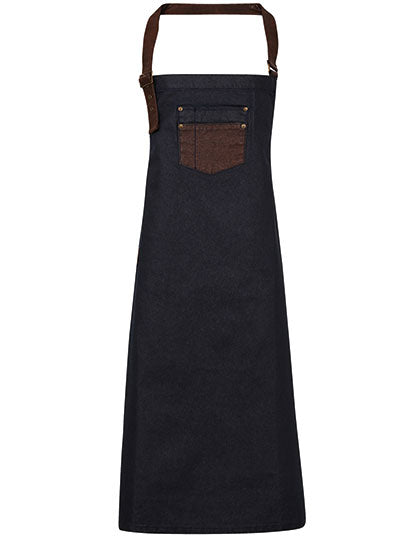 Premier Workwear - Division Waxed Look Denim Bib Apron With Faux Leather - Indigo Denim (ca. Pantone 2767C)
