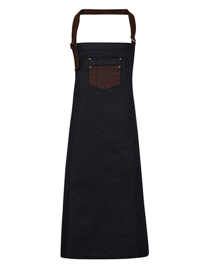 Premier Workwear - Division Waxed Look Denim Bib Apron With Faux Leather - Indigo (ca. Pantone 2380C) / Brown Denim (ca. Pantone 4705C)